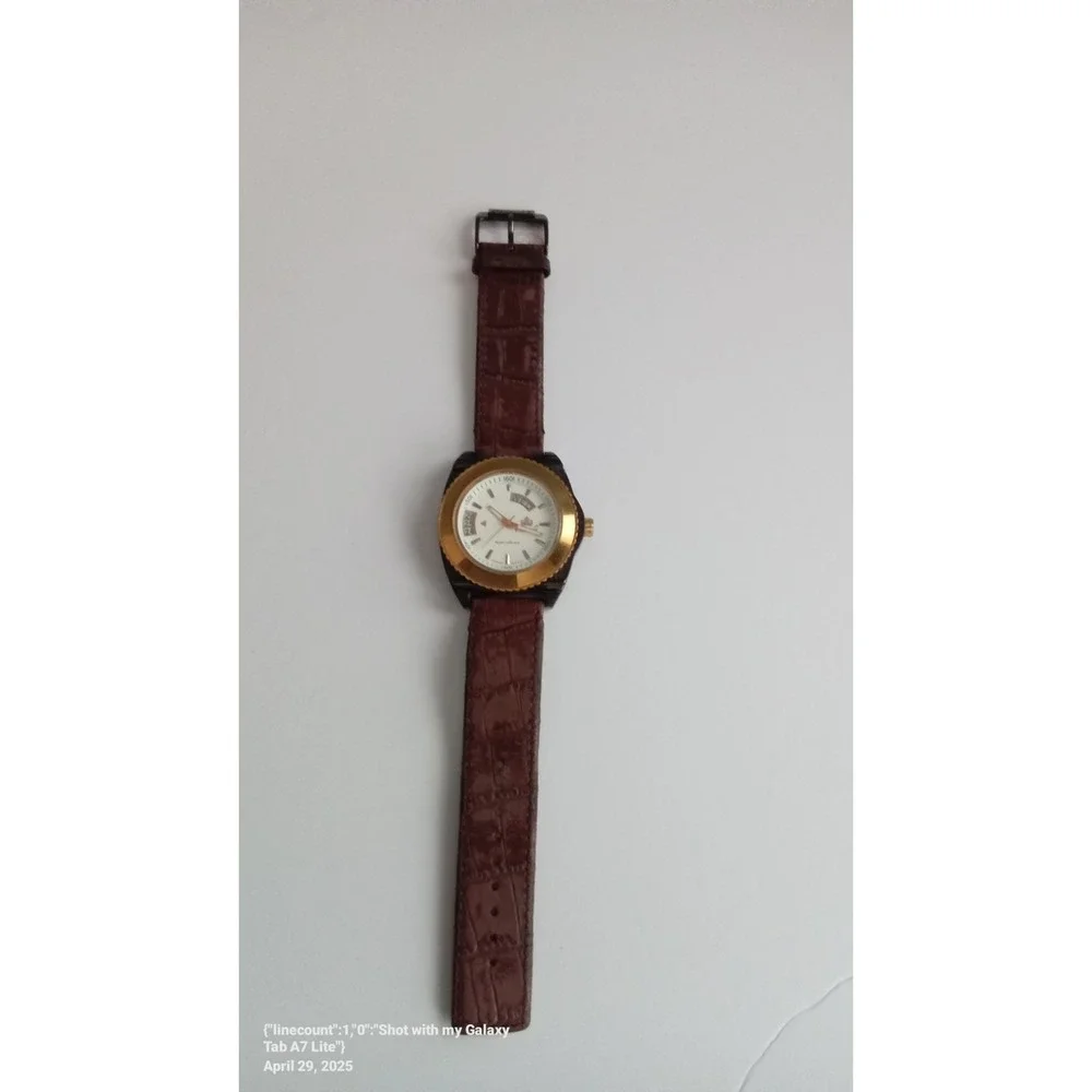 Promado Royal Collection Day Date Gold Tone Bezel Brown‎ Band Watch